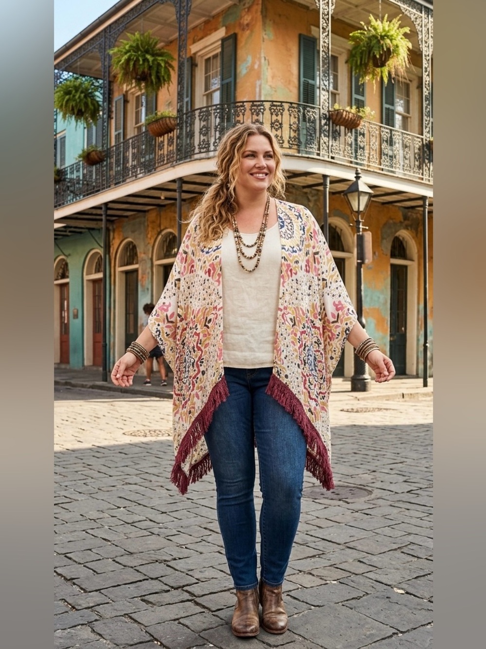 Mona B Boho Floral Fringe Kimono Duster Open Front Cream Pink Burgundy